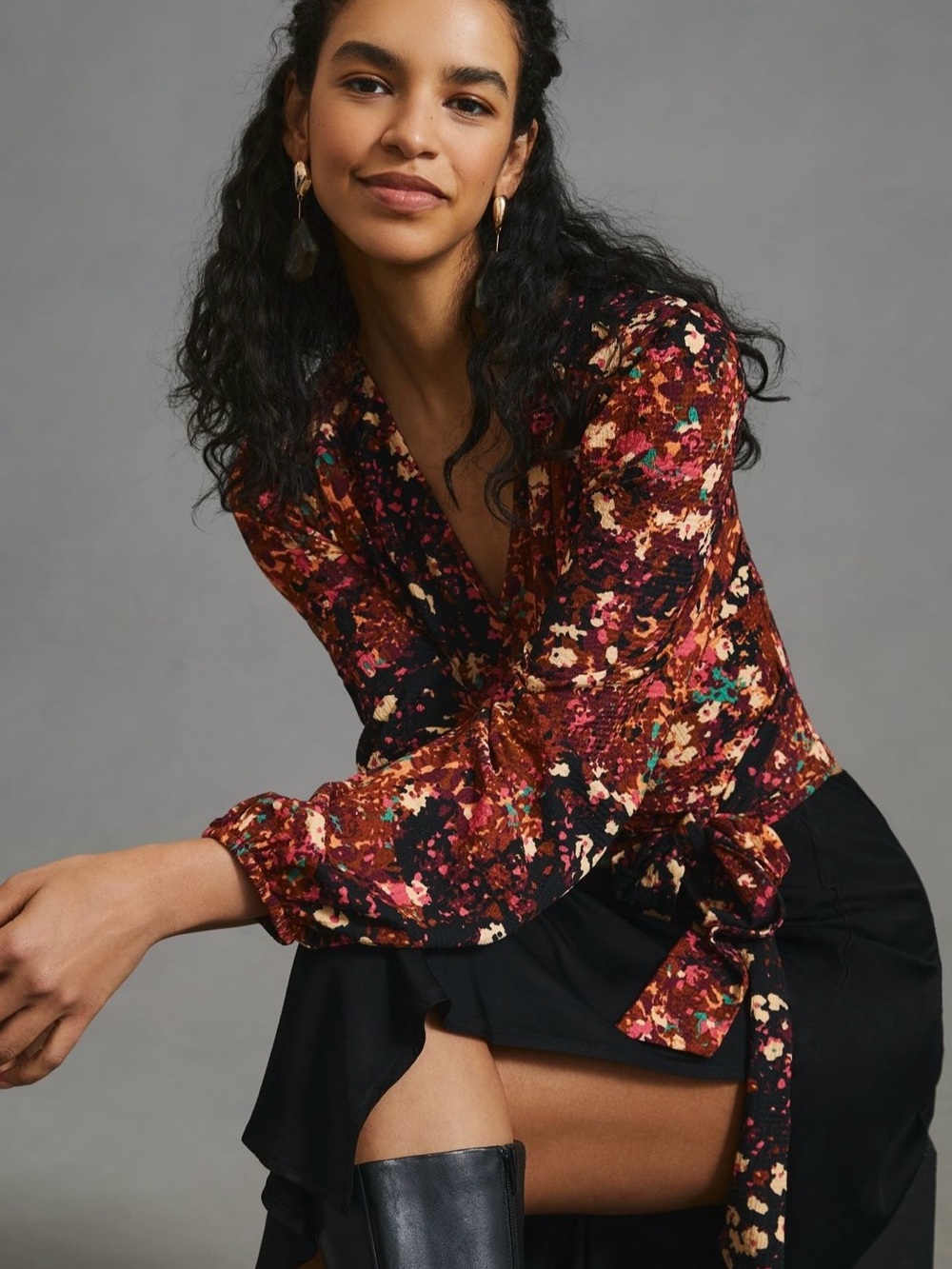 Anthropologie Floral Wrap Crop Top in Burgundy